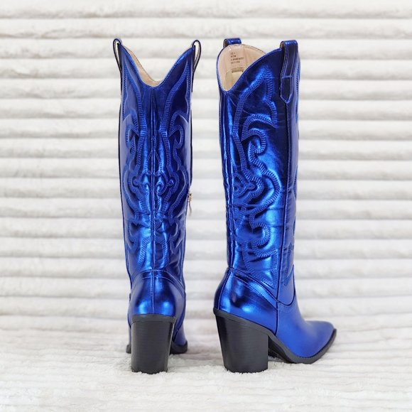 Metallic Western Knee High Cowgirl Cowboy Boots - Royal Blue Cobalt Blue - Picture 6 of 16
